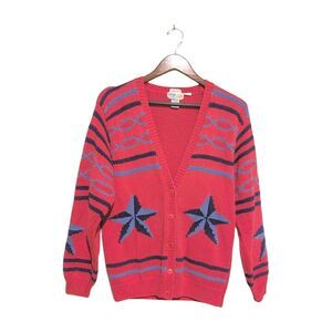 80s Vintage Ladies Izod Lacoste Pink Novelty Cardigan Sweater M Hand Knit Cotton
